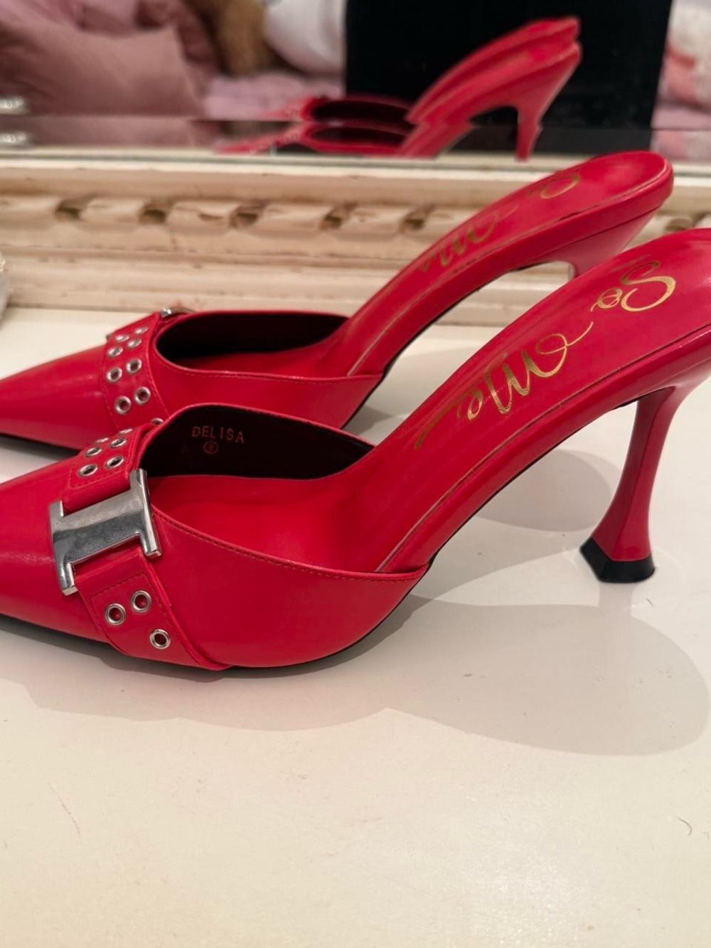Red Pointed-Toe Mule Heels with Buckle